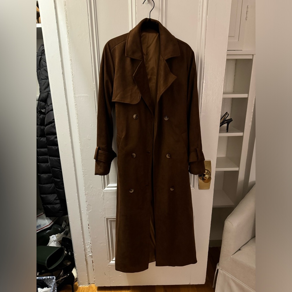 COPY - Brown Suede Trench Coat Jacket Size M - Picture 3 of 4